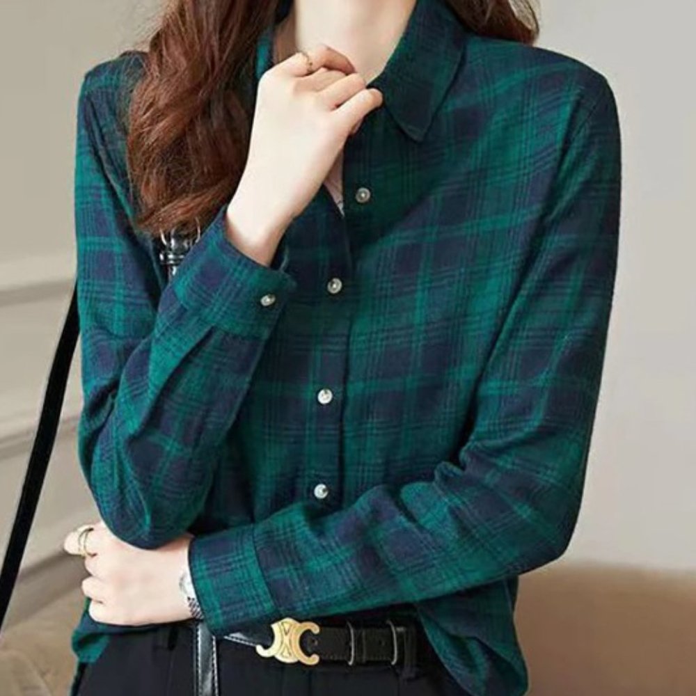 Lapel Button Down Blue and Green Flannel Top